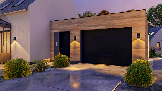 3D rendering of a home garage in wood paneling at night