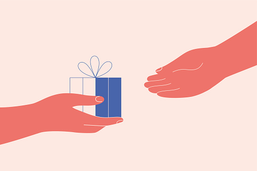 Giftbox is passing from hand to hand. Friend shares present or surprise gift for another person. Concept of celebration birthday or some anniversary. Vector illustration.