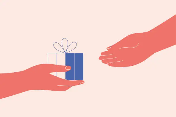 Vector illustration of Giftbox is passing from hand to hand. Friend shares present or surprise gift for another person.