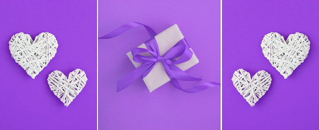 Holiday collage. Gift box with tied purple bow and white hearts on the purple  background.