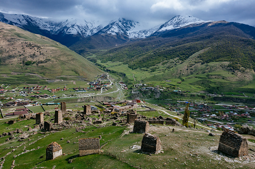 Ancient ruined medieval tower complex Tsimiti in North Ossetia, Aerial view