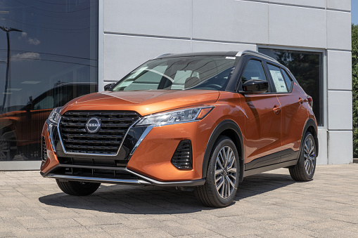 Indianapolis - Circa June 2022: Nissan Kicks Crossover SUV display. Nissan offers the Kicks in S, SV, and SR models.