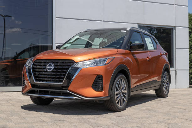 Nissan Kicks Crossover SUV display. Nissan offers the Kicks in S, SV, and SR models. stock photo