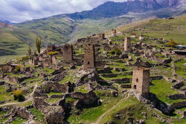 istock Ancient ruined medieval tower complex Tsimiti in North Ossetia, Aerial view 1401322944