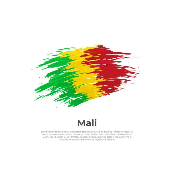 Vector illustration of Mali flag. Brush strokes. Brush painted malian flag on a white background. Vector design national poster, template. Place for text. State patriotic banner of mali, cover. Copy space