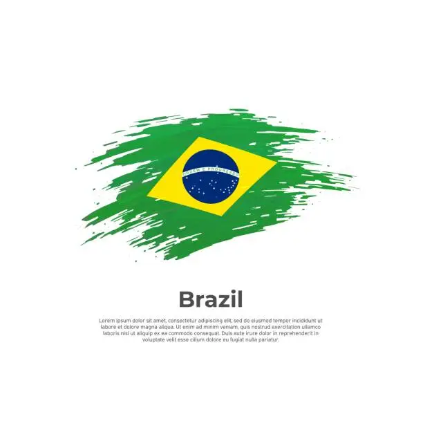 Vector illustration of Brazil flag. Brush painted brazilian flag on a white background. Brush strokes. Vector design national poster, template. Place for text.  State patriotic banner of brazil, cover. Copy space