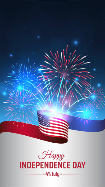 4th of july happy independence day usa, vertical template. American flag on night sky background, colorful fireworks. Fourth of july, US national holiday, independence day. Vector illustration, banner 4th of july happy independence day usa, vertical template. American flag on night sky background, colorful fireworks. Fourth of july, US national holiday, independence day. Vector illustration, banner independence day stock illustrations