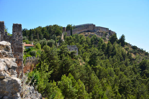 istock ancient brick medieval wall on top of mountain among pine trees in sunny day 1401323521