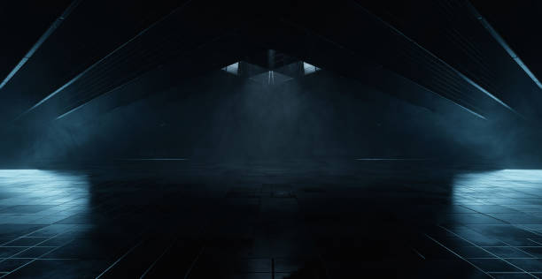 istock Sci Fi Futuristic Garage Blue Neon Concrete Asphalt Hangar Tunnel Corridor 3D Rendering 1401324902