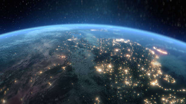 Planet Earth at night with city light illumination. View from space. 3D render