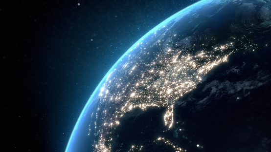 Volando sobre Estados Unidos por la noche con iluminación de luz de la ciudad. Vista desde el espacio. Renderizado 3D photo