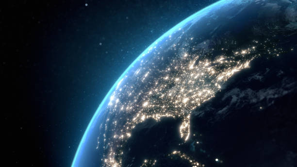 Flying over USA at night with city light illumination. View from space. 3D render Flying over USA at night with city light illumination. View from space. 3D render copy space stock pictures, royalty-free photos & images