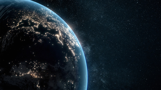 Planet Earth at night with city light illumination. View from space. 3D render