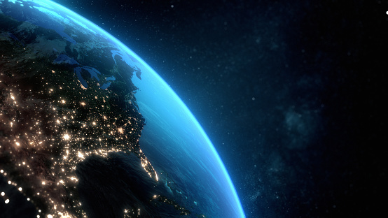 Flying over USA at night with city light illumination. View from space. 3D render