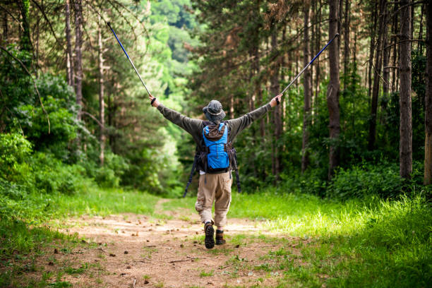 Hiker with arms raised enjoys in nature stock photo