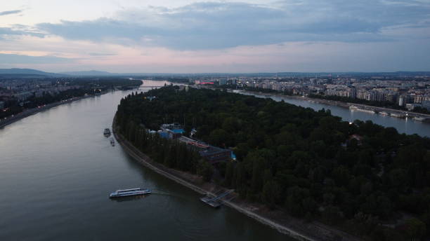Margit Island  During Sunset Drone point of view of margit island at the dusk in summer with dramatic sky  with clouds margitsziget stock pictures, royalty-free photos & images