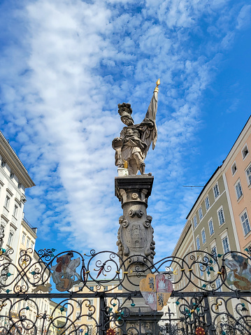 St. Florian Statue On Alter Markt Square Landmark Of Salzburg, Austria.