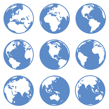 Nine clear simplified views of the earth showing the major continents.