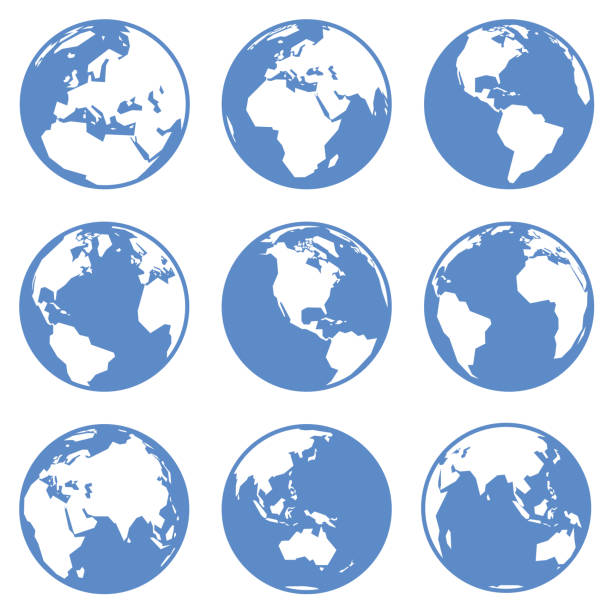 Globe Earth Views Icons From Nine Positions Nine clear simplified views of the earth showing the major continents. planet earth stock illustrations