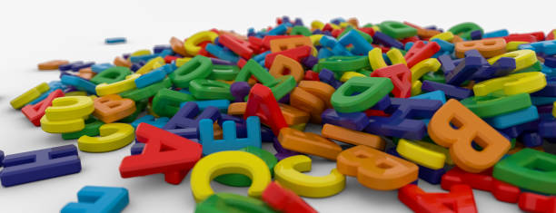 istock Alphabet letters on plain background. Plastic alphabet letters on white background. Rainbow colors. 3D illustration 1401328771