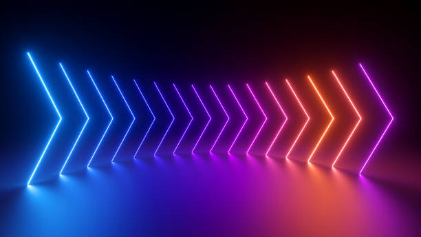 istock 3d render, abstract panoramic neon background with arrows showing right direction, blue pink red gradient 1401328817