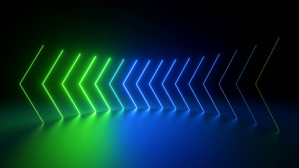 istock 3d render, abstract neon background with arrows showing left direction, glowing with green blue gradient light 1401328889