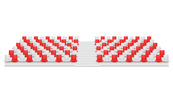 Realistic empty sports white and red grandstand vector illustration. Stadium seat spectators arena for competition tournament contemplating game playing isolated. Amphitheater audience seating