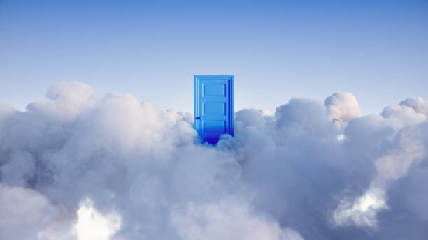istock 3d render, abstract background, blue closed door in the sky with white clouds, heaven afterlife concept 1401331407