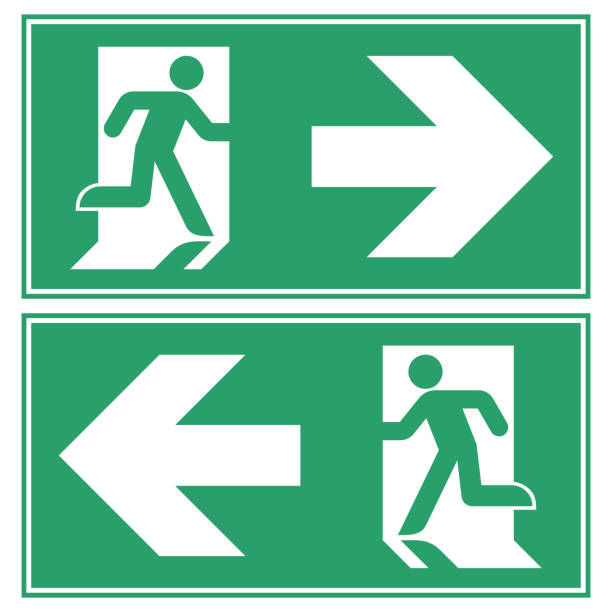 illustrazioni stock, clip art, cartoni animati e icone di tendenza di illustrazione vettoriale del segnale direzionale dell'uscita di emergenza - fire exit sign