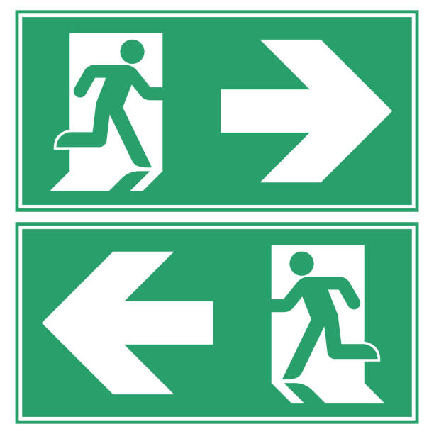 ilustrações de stock, clip art, desenhos animados e ícones de emergency exit directional sign vector illustration - emergency exit