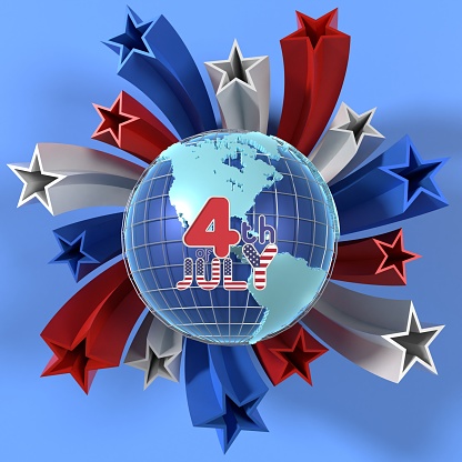 Globe showing America continent representing 4th of July, Independence Day of the USA greeting card banner flyer surrounded by stars in USA flag colors on blue background. 3D composition with copy space. 4th of July concept. Easy to crop for all your social media and print sizes.