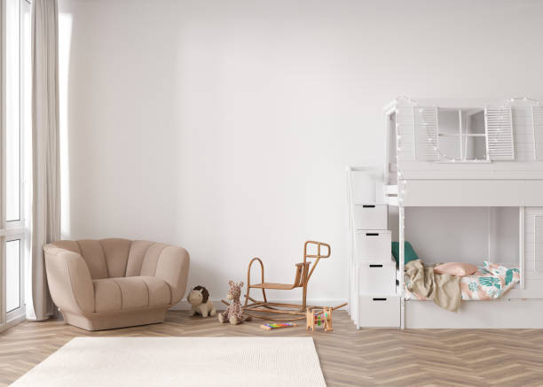 istock Empty white wall in modern child room. Mock up interior in scandinavian style. Copy space for your picture or poster. Bed, armchair, toys, rattan rocking horse. Cozy room for kids. 3D rendering. 1401332942