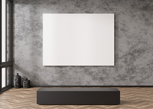 Empty white horizontal canvas on concrete wall in modern art gallery. Mock up interior in contemporary style. Free, copy space for your picture. Exhibition space. 3D rendering