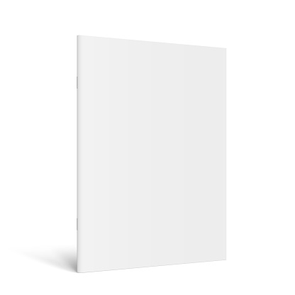 Vector realistic standing 3d magazine mockup with white blank cover. Closed vertical paperback booklet, catalog or magazine mock up on white background. Diminishing perspective