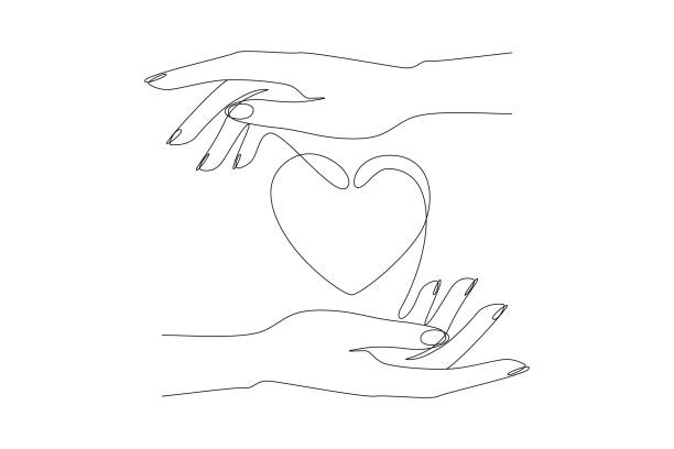 eine kontinuierliche linienzeichnung des herzens zwischen den händen. symbol der pflege und der rettung der gesundheit in einfachem linearen stil. icon-konzept für freiwilligen-charity und thanksgiving-logo. doodle-vektor-illustration - white background valentines day box heart shape stock-grafiken, -clipart, -cartoons und -symbole