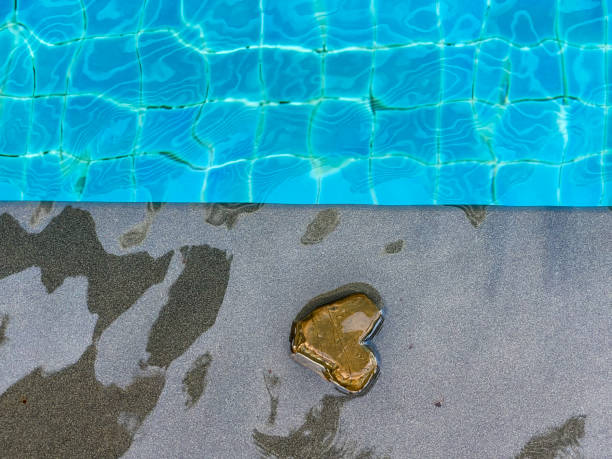 Brown heart-shaped pebbles sit on a dark gray tiled floor at the edge of a bright blue swimming pool in the sunshine morning in the horizontal view.