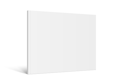 Vector realistic standing 3d magazine mockup with white blank cover isolated. Closed horizontal paperback book, catalog or magazine mock up on white background. Diminishing perspective