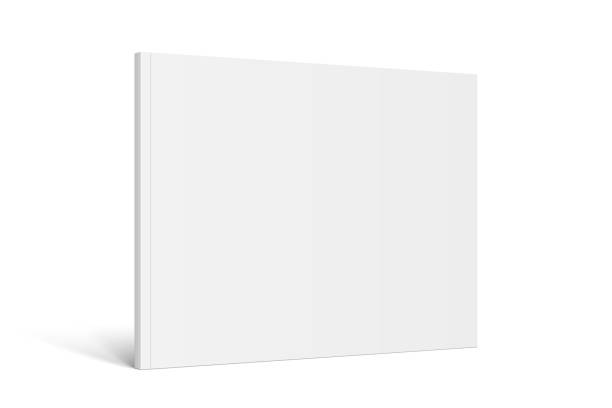 Closed horizontal paperback book, catalog or magazine mockup Vector realistic standing 3d magazine mockup with white blank cover isolated. Closed horizontal paperback book, catalog or magazine mock up on white background. Diminishing perspective horizontal stock illustrations