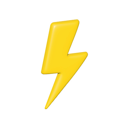 Thunderbolt 3d icon. Yellow thunder lighting flash sign. Bolt storm cartoon symbol. Illustration isolated on white.