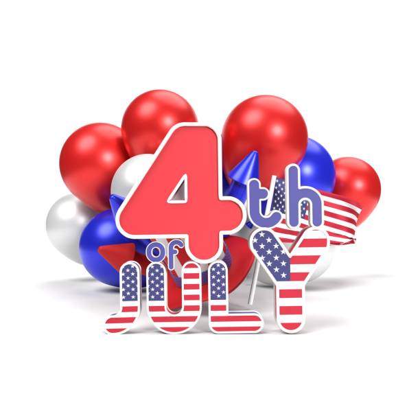 4th of July, Happy Independence Day of the USA greeting card, banner, template, flyer, calendar, balloon, star and ribbon, gift box, confetti on white background. 3D horizontal composition with copy space. 4th of July concept. Easy to crop for all your social media and print sizes.
