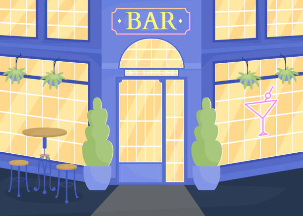 Popular bar on night city street flat color vector illustration Popular bar on night city street flat color vector illustration. Pub waiting for guests. Fully editable 2D simple cartoon cityscape with lit building facade on background. Cardo font used bar drink establishment illustrations stock illustrations