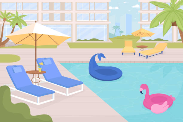 ilustraciones, imágenes clip art, dibujos animados e iconos de stock de hotel vacío junto a la piscina con equipo para descansar plano color ilustración vectorial - floatation device