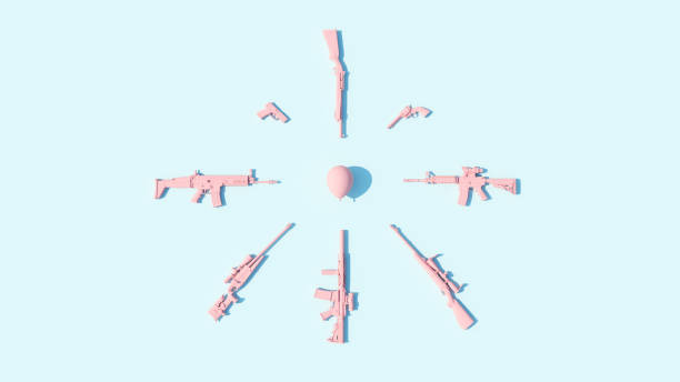 Pink Firearms and Balloon Innocent Victims Concept Pastel Blue Background Gun Control Danger Violence Safety Circular Firing Squad Design Pink Firearms and Balloon Innocent Victims Concept Pastel Blue Background Gun Control Danger Violence Safety Circular Firing Squad Design 3d illustration render firing squad stock pictures, royalty-free photos & images