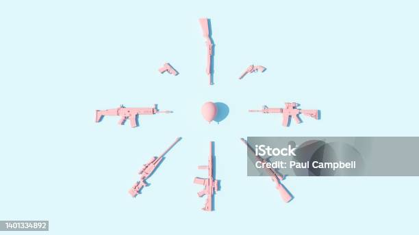 Pink Firearms And Balloon Innocent Victims Concept Pastel Blue Background Gun Control Danger Violence Safety Circular Firing Squad Design Stock Photo - Download Image Now