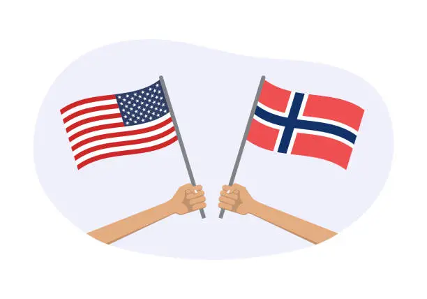 Vector illustration of Norway and USA flags. American and Norwegian national symbols with abstract background and geometric shapes. Hand holding waving flag. Vector illustration.