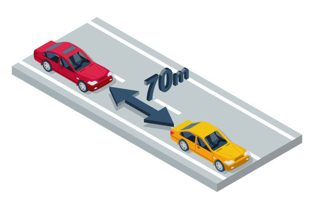 illustrations, cliparts, dessins animés et icônes de distance des voitures sur la route. gardez une distance de sécurité. sécurité sur l’autoroute - isometric accident road sign traffic