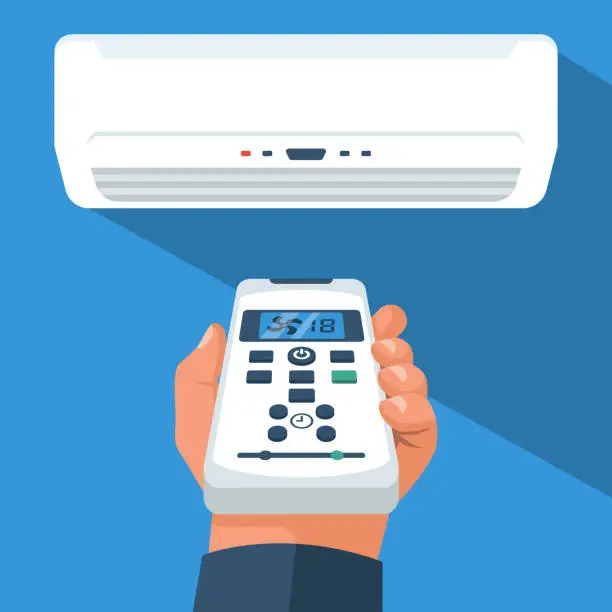 Vector illustration of Air conditioning using the remote control. Person holds the air conditioner's remote control in hand.