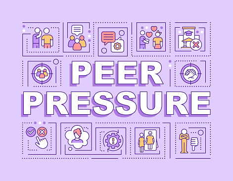 Peer pressure word concepts purple banner. Adolescence issues. Infographics with editable icons on color background. Isolated typography. Vector illustration with text. Arial-Black font used