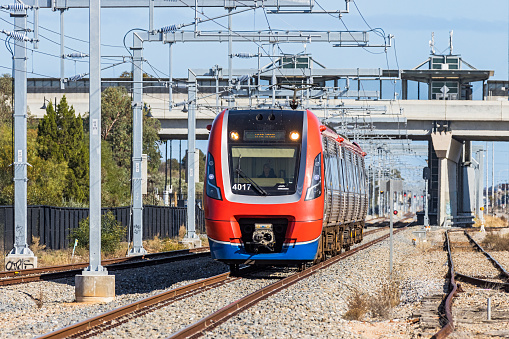 Santa Ana, United States - November 6, 2022: Metrolink commuter rail train at Santa Ana railway station near Los Angeles, United States.