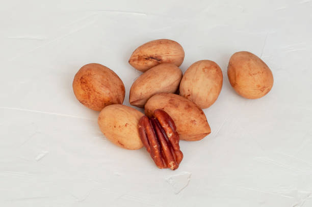 pecans in a shell and a peeled nut slice on a gray background, close-up.